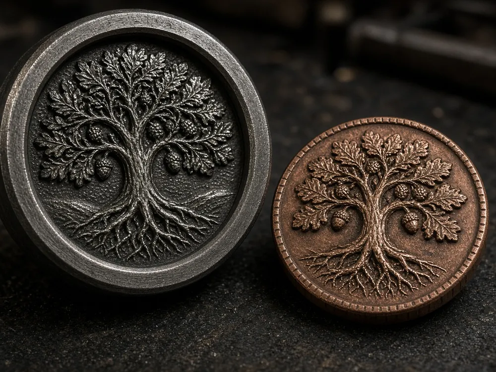 Engraved steel die beside a struck copper round