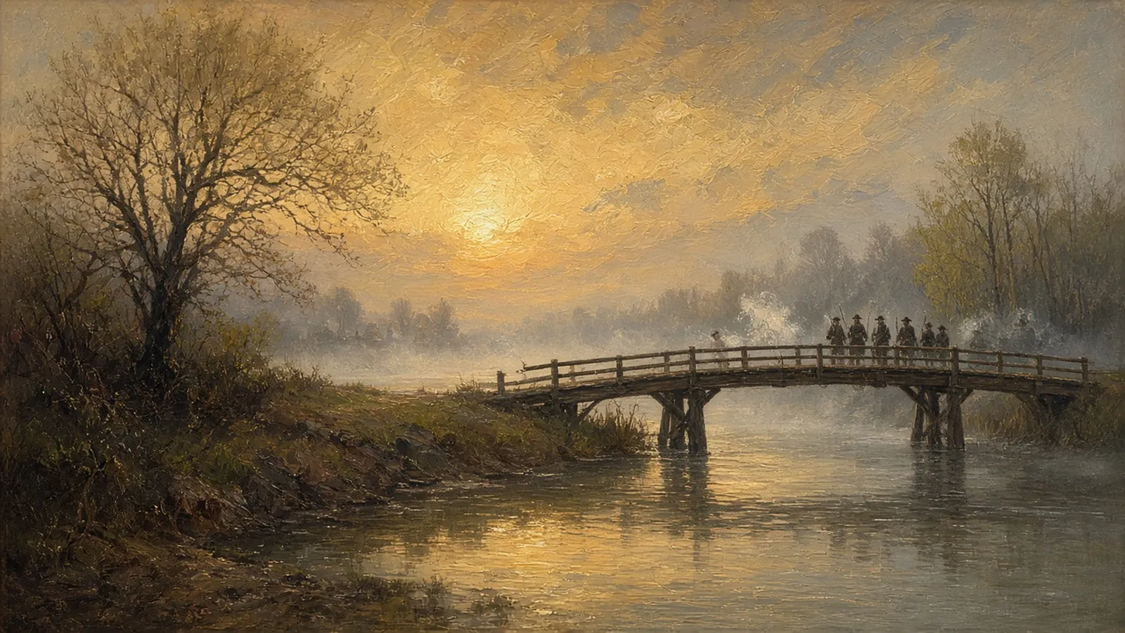 Painterly founding-era scene: Lexington & Concord